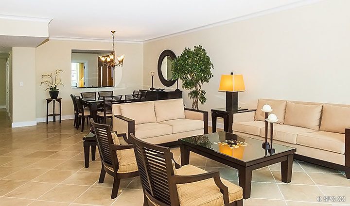 Grand Living Room inside Residence 6D, Tower II at The Palms, Luxury Oceanfront Condos. 2110 North Ocean Blvd. Fort Lauderdale, Florida 33305