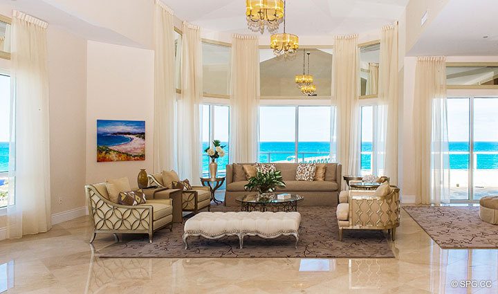 Living Room inside Penthouse 4 at Bellaria, Luxury Oceanfront Condominiums in Palm Beach, Florida 33480.