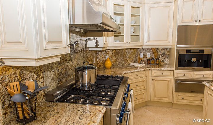 Gourmet Kitchen with Gas Range inside Penthouse 4 at Bellaria, Luxury Oceanfront Condominiums in Palm Beach, Florida 33480.
