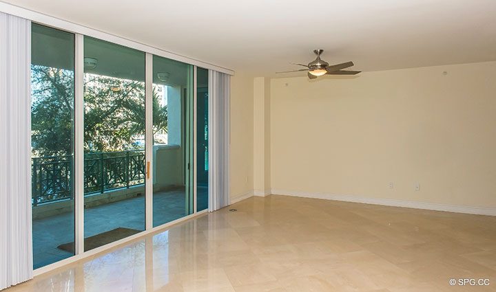 Living Room Terrace Access in Residence 204 at The Landings at Las Olas, Luxury Waterfront Condominiums Fort Lauderdale, Florida 33305