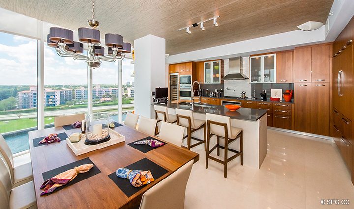 Spectacular Kitchen and Dining Area Residence 501 For Sale at 1000 Ocean, Luxury Oceanfront Condos in Boca Raton, Florida 33432.
