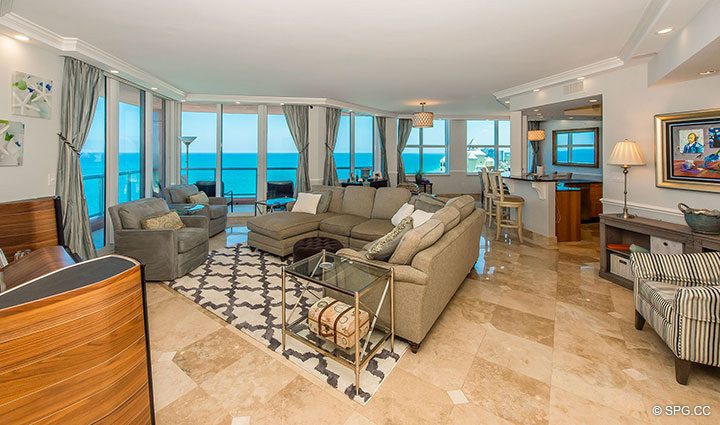 Living Room with Terrace Access in Residence 17B, Tower II at The Palms, Luxury Oceanfront Condos in Fort Lauderdale, Florida 33305.