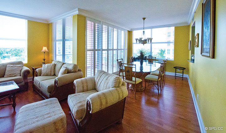 Overlooking Living Room and Dining Room Luxury Oceanfront Residence 6B, Tower I, The Palms Condo, 2100 North Ocean Boulevard, Fort Lauderdale Beach, Florida 33305, Luxury Seaside Condos