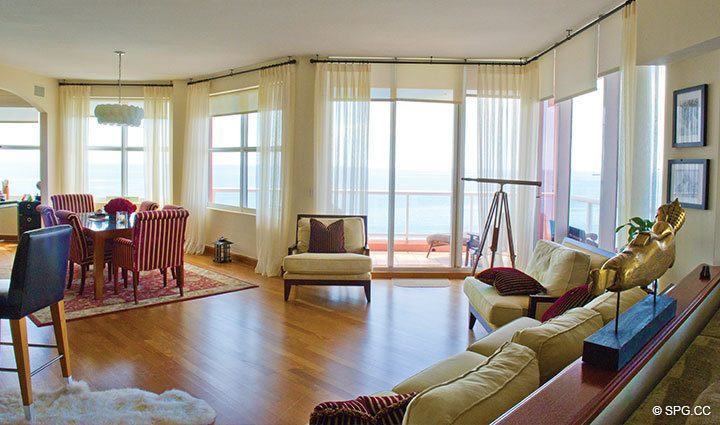 Living Room & View, Luxury Oceanfront Residence 20E, Tower I at The Palms Condominium, 2100 North Ocean Boulevard, Fort Lauderdale Beach, Florida 33305, Luxury Beach Condos