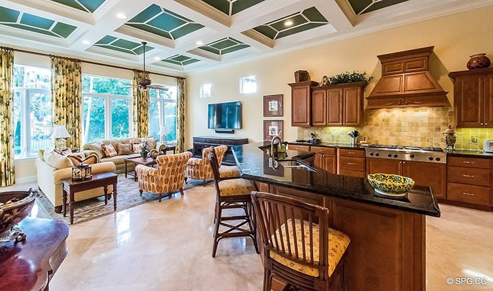 Kitchen and Family Room in Luxury Estate Home, 11204 Orange Hibiscus Lane, Palm Beach Gardens, Florida 33418.