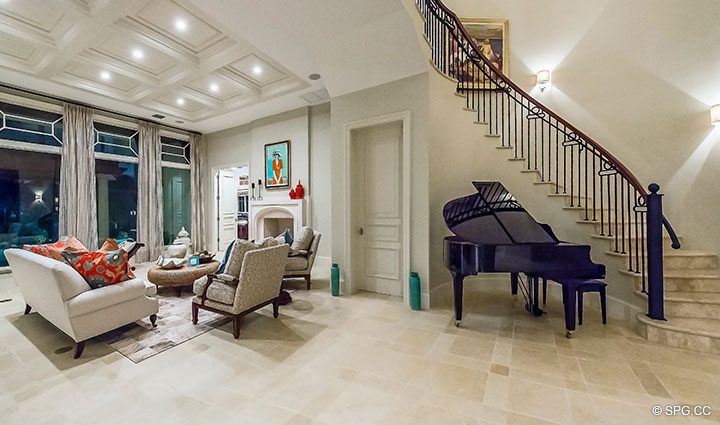 Living Room and Stairway in Luxury Waterfront Home, 2536 Lucille Drive, Fort Lauderdale, Florida 33316.