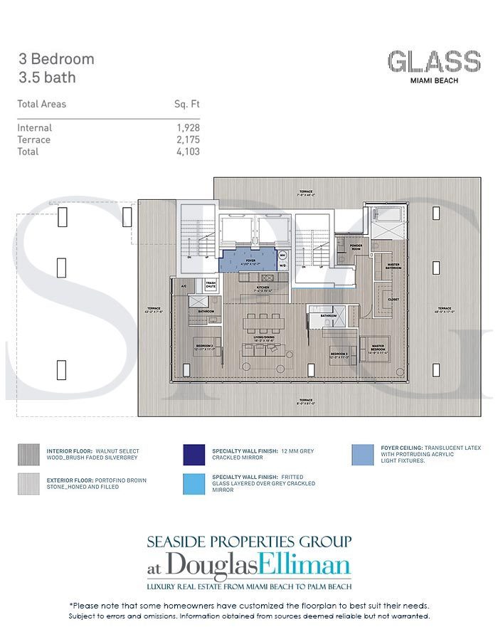 3 Bedroom Floorplan for Glass Miami Beach, Luxury Seaside Condominiums in Miami Beach, Florida 33139