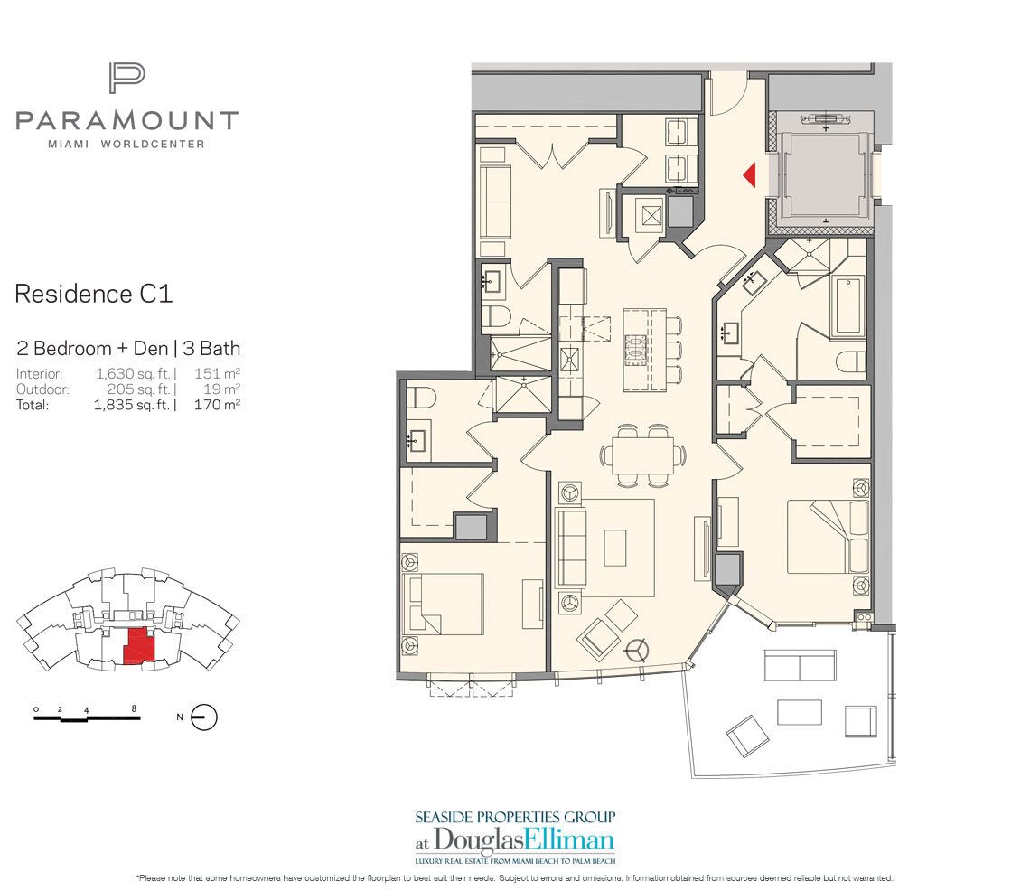 Residenz C1 Floorplan für Paramount in Miami Worldcenter, Luxury Seaside Condos in Miami 33132.