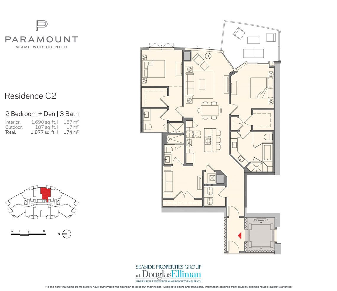 Residenz C2 Floorplan für Paramount in Miami Worldcenter, Luxury Seaside Condos in Miami 33132.