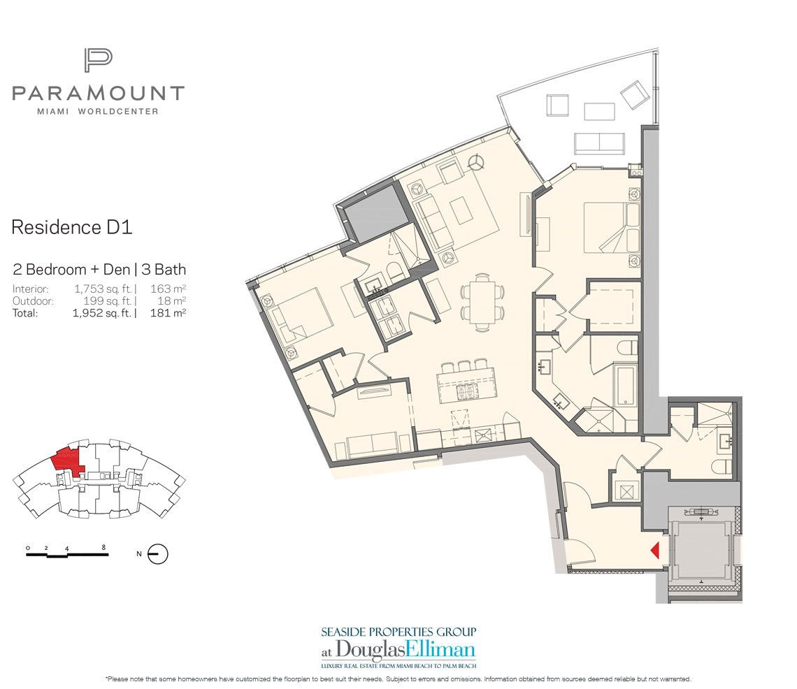 Residenz D1 Floorplan für Paramount in Miami Worldcenter, Luxury Seaside Condos in Miami 33132.