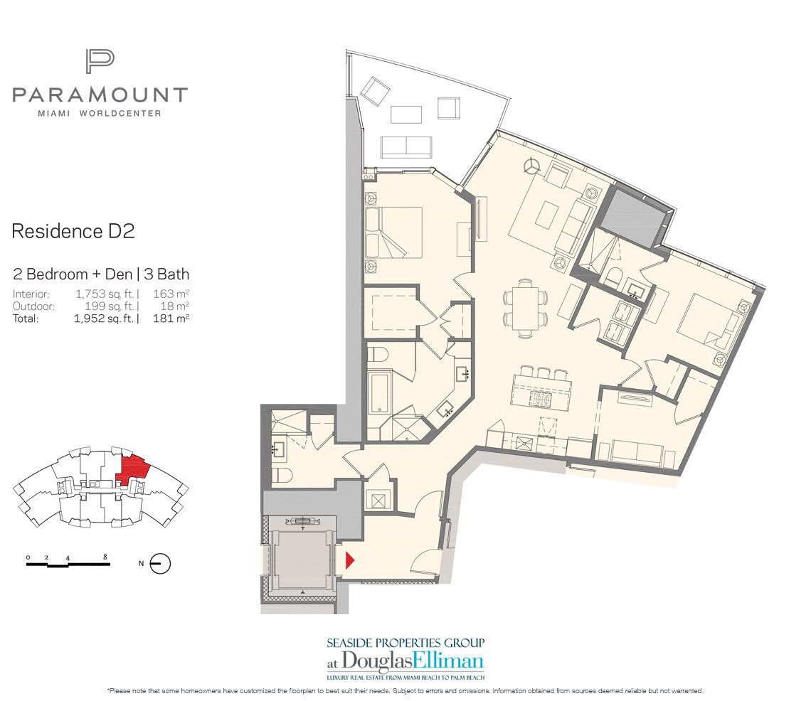 Residenz D2 Floorplan für Paramount in Miami Worldcenter, Luxury Seaside Condos in Miami 33132.