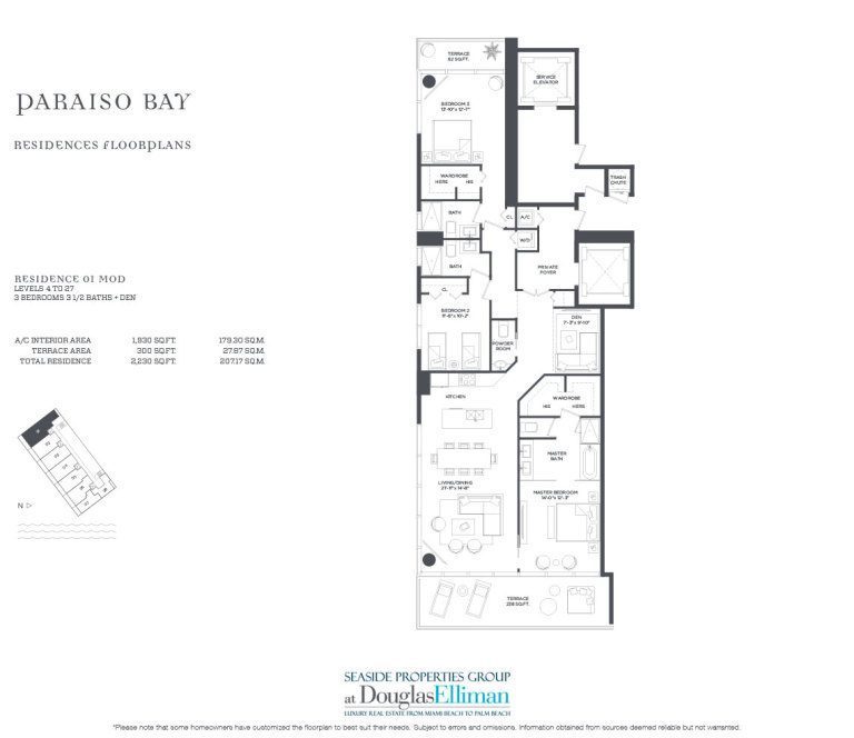 Residence 1 Modified Floorplan for Paraiso Bay, Luxury Waterfront Condos in Miami, Florida, 33137