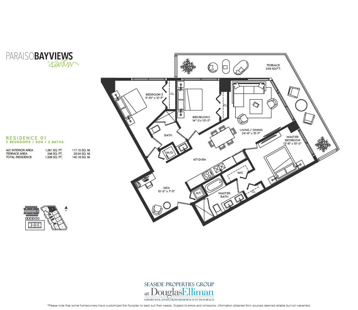 Residence 1 Floorplan for Paraiso Bayviews, Luxury Seaside Condos in Miami, Florida, 33137