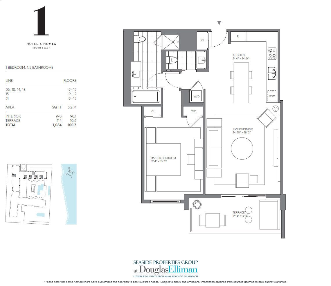 1 Bedroom Model B Floorplan for 1 Hotel & Homes South Beach, Luxury Oceanfront Condominiums Located at 2399 Collins Avenue, Miami Beach, Florida 33139