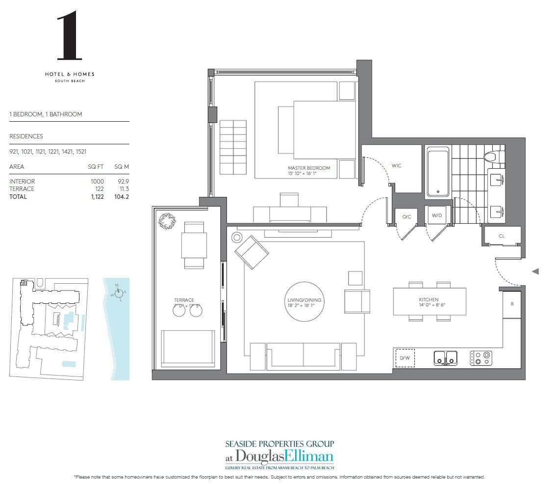 1 Schlafzimmer Modell C Floorplan für 1 Hotel & Homes South Beach, Luxury Oceanfront Condominiums auf 2399 Collins Avenue, Miami Beach, Florida 33139 befindet