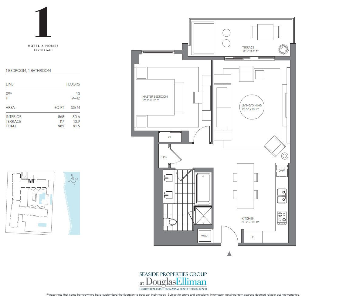 1 Schlafzimmer Typ D Floorplan für 1 Hotel & Homes South Beach, Luxury Oceanfront Condominiums in 2399 Collins Avenue, Miami Beach, Florida 33139 befindet