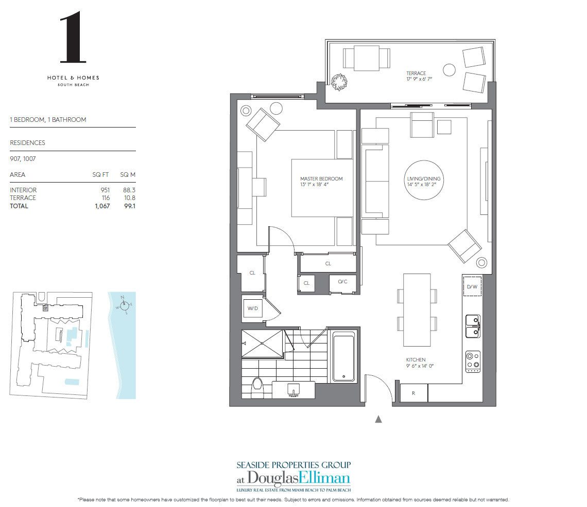1 Schlafzimmer Modell E Floorplan für 1 Hotel & Homes South Beach, Luxury Oceanfront Condominiums auf 2399 Collins Avenue, Miami Beach, Florida 33139 befindet