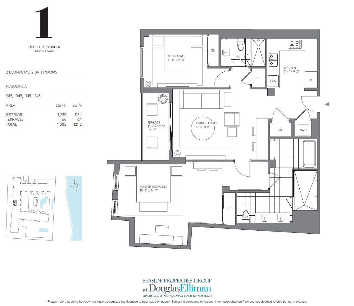 2 Bedroom Model D Floorplan for 1 Hotel & Homes South Beach, Luxury Oceanfront Condominiums Located at 2399 Collins Avenue, Miami Beach, Florida 33139