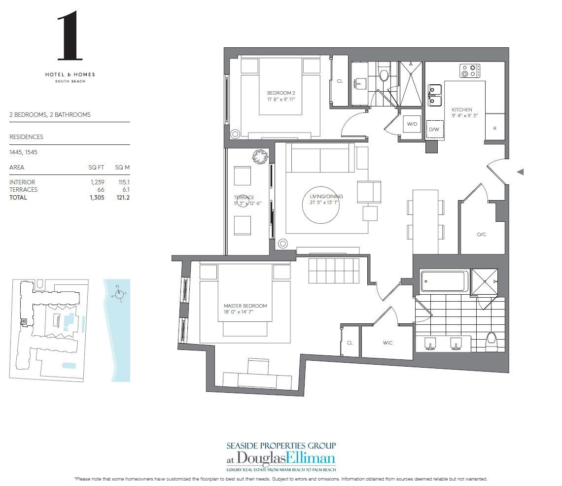 2 Bedroom Model E Floorplan for 1 Hotel & Homes South Beach, Luxury Oceanfront Condominiums Located at 2399 Collins Avenue, Miami Beach, Florida 33139