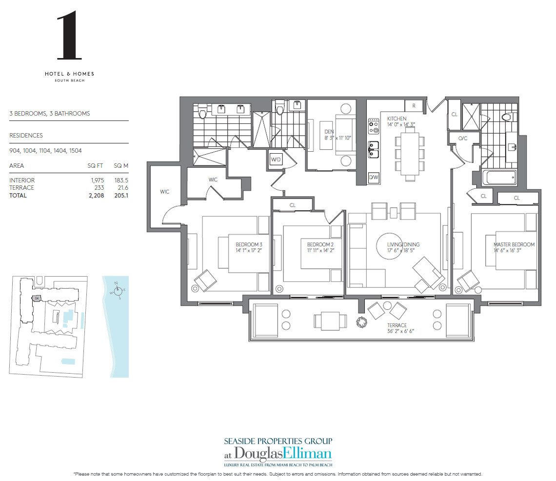 3 Bedroom Model A Floorplan for 1 Hotel & Homes South Beach, Luxury Oceanfront Condominiums Located at 2399 Collins Avenue, Miami Beach, Florida 33139