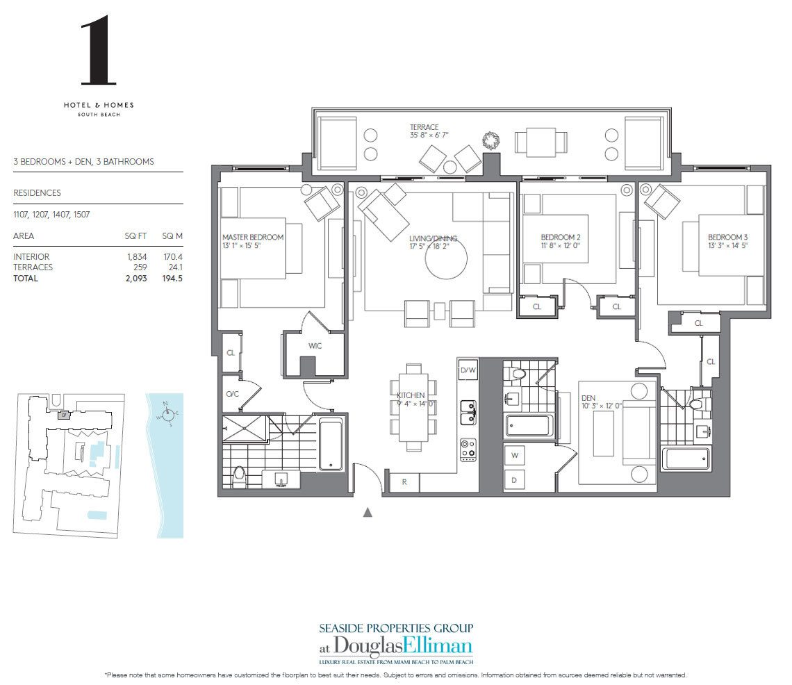 3 Bedroom Model B Floorplan for 1 Hotel & Homes South Beach, Luxury Oceanfront Condominiums Located at 2399 Collins Avenue, Miami Beach, Florida 33139