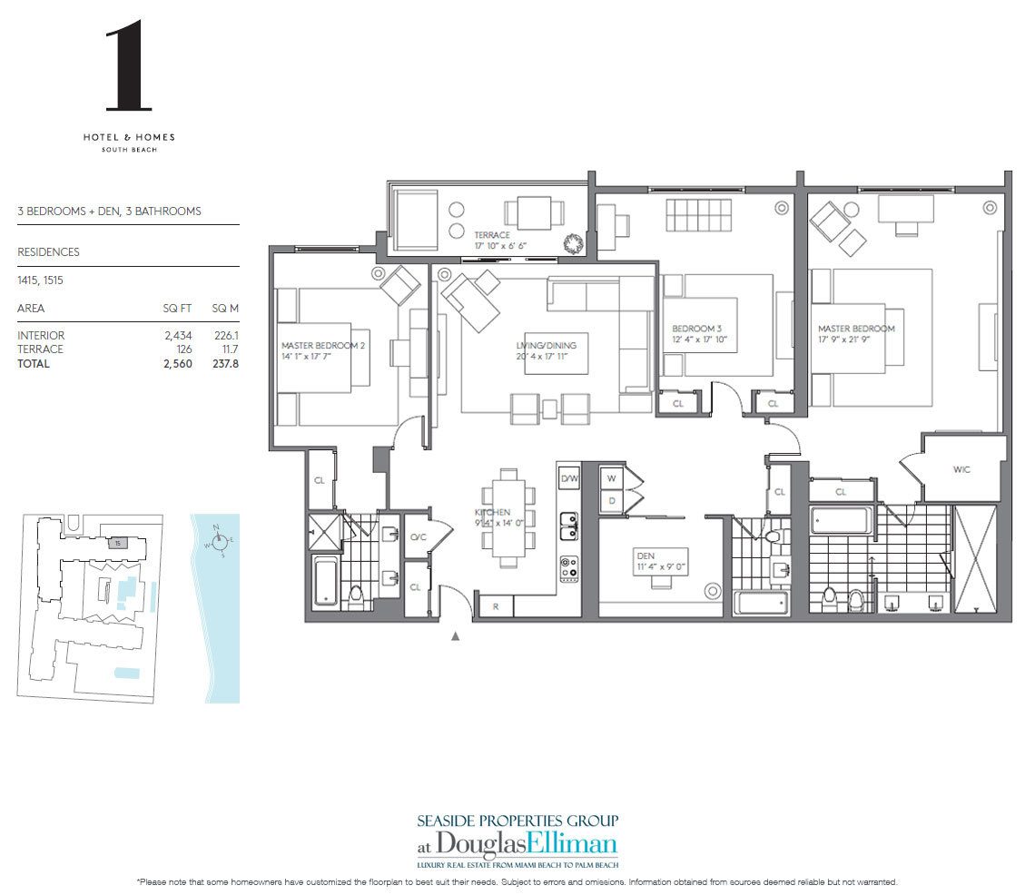 3 Quartos Modelo D Floorplan por 1 Hotel & Homes South Beach, Luxury Oceanfront Condominiums Localizado na 2399 Collins Avenue, Miami Beach, Florida 33139