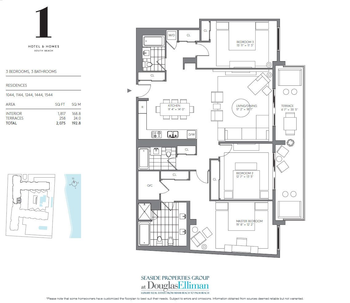 3 Bedroom Model G Floorplan for 1 Hotel & Homes South Beach, Luxury Oceanfront Condominiums Located at 2399 Collins Avenue, Miami Beach, Florida 33139