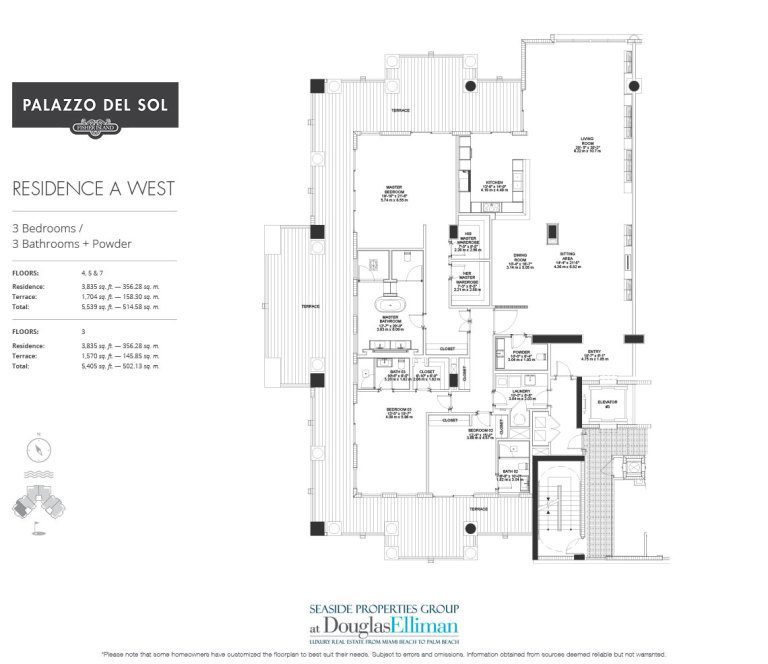 The Model A – West Floorplan for Palazzo del Sol, Luxury Waterfront Condominiums Located on Fisher Island, Miami Florida 33109