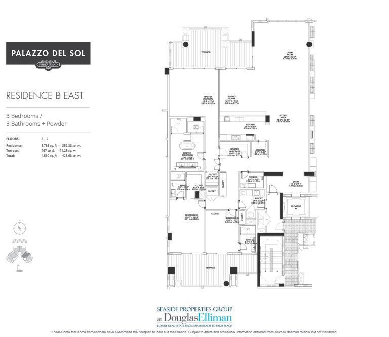 The Model B – East Floorplan for Palazzo del Sol, Luxury Waterfront Condominiums Located on Fisher Island, Miami Florida 33109