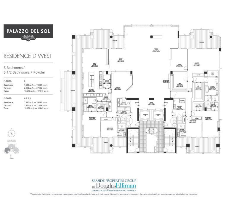 The Model D – West Floorplan for Palazzo del Sol, Luxury Waterfront Condominiums Located on Fisher Island, Miami Florida 33109