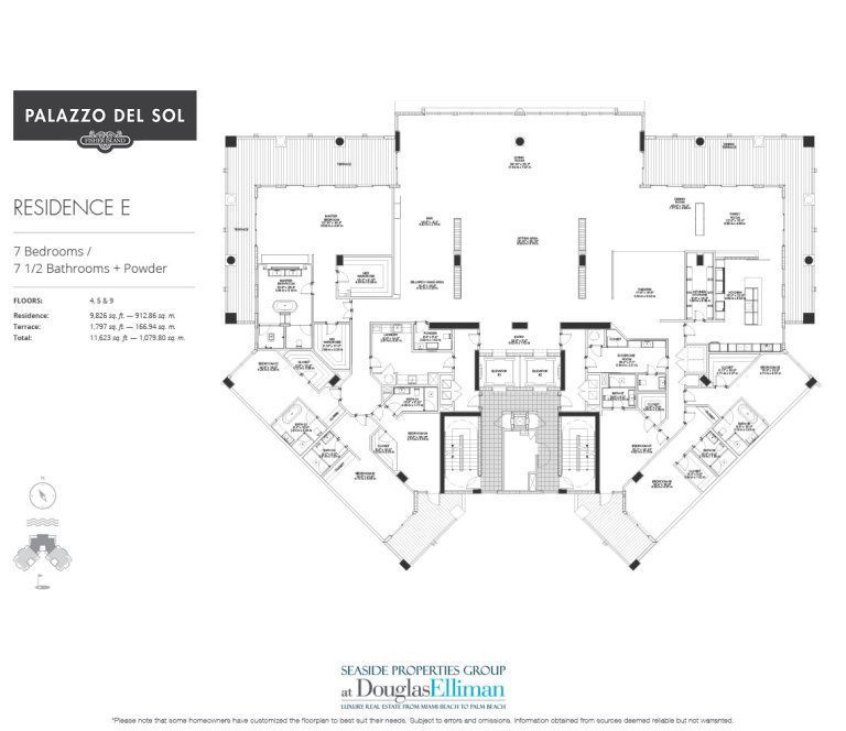 The Model E Floorplan for Palazzo del Sol, Luxury Waterfront Condominiums Located on Fisher Island, Miami Florida 33109