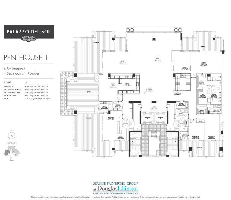 The Penthouse 1 Floorplan for Palazzo del Sol, Luxury Waterfront Condominiums Located on Fisher Island, Miami Florida 33109