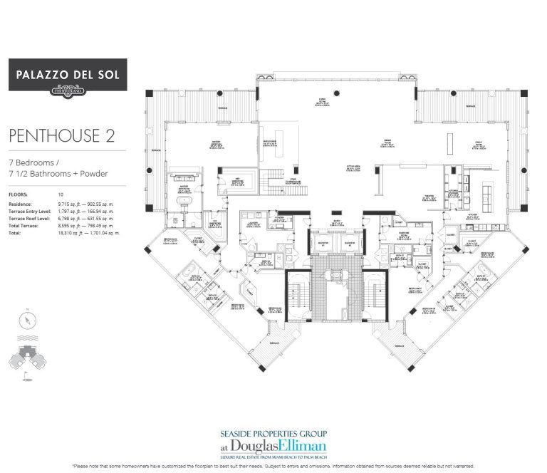 The Penthouse 2 Floorplan for Palazzo del Sol, Luxury Waterfront Condominiums Located on Fisher Island, Miami Florida 33109