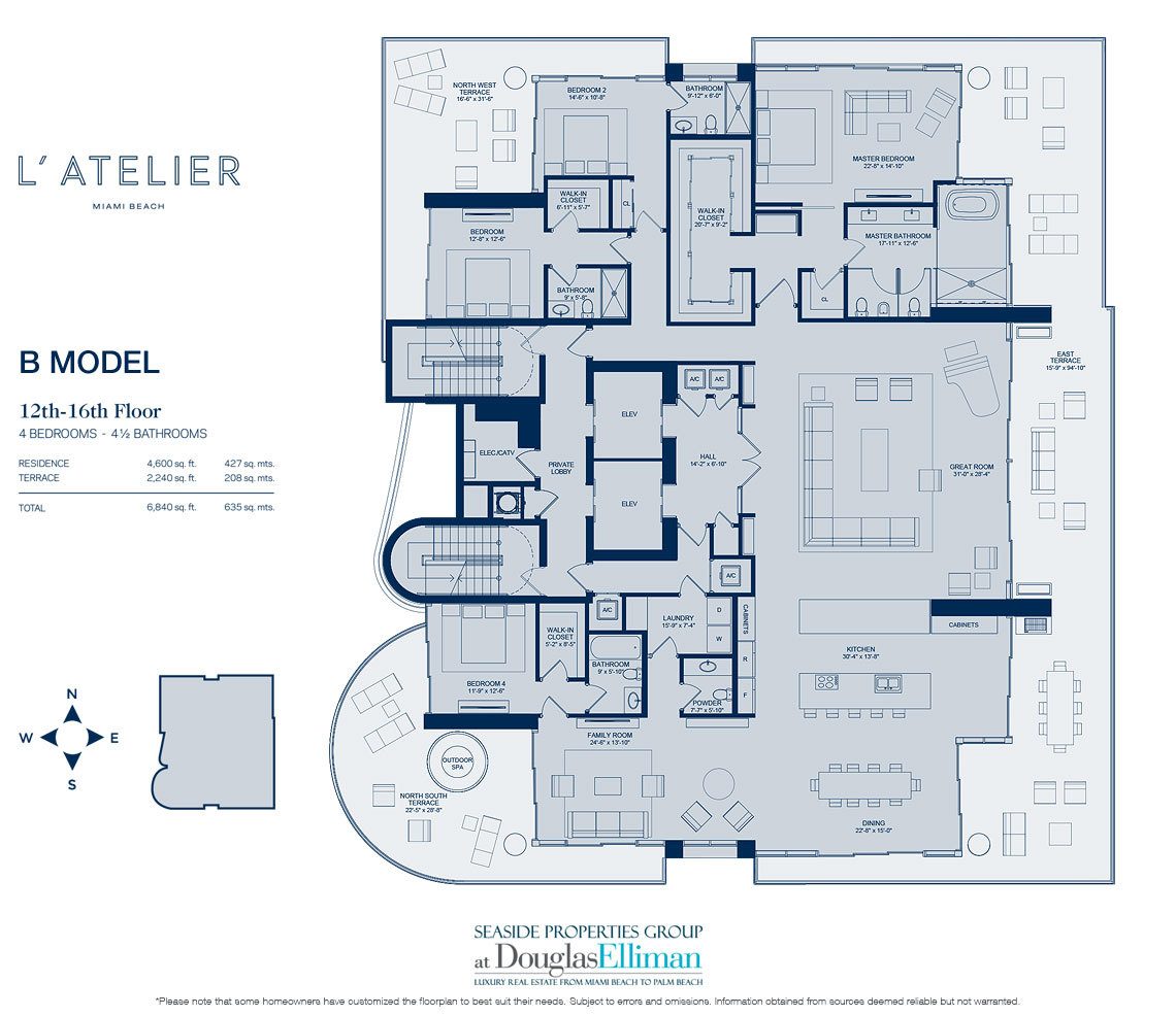 Modelo B Floorplan para L'Atelier, Luxo Oceanfront Condominiums em Miami Beach, Florida 33141