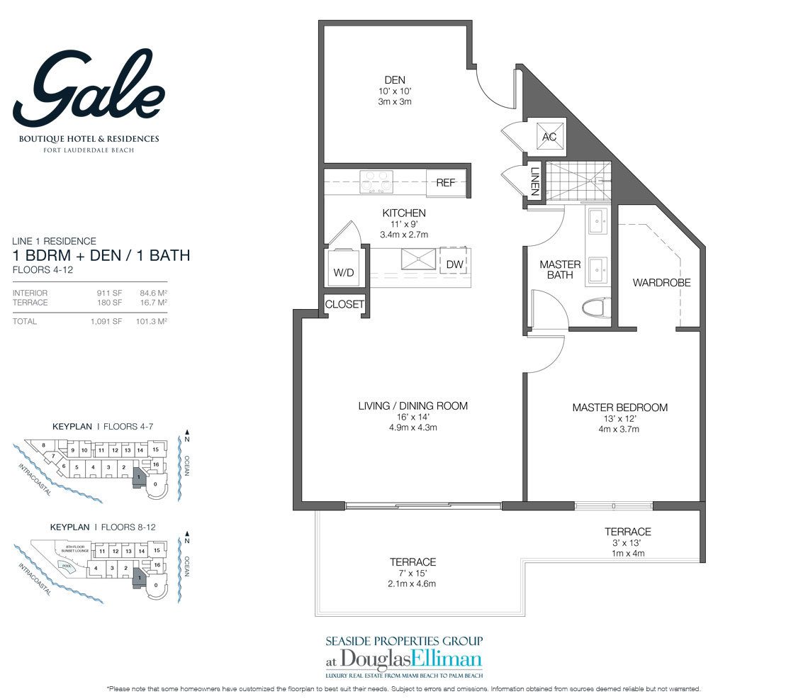 Zeile 1 Floorplan für Gale Hotel and Residences, Luxury Waterfront Eigentumswohnungen in Fort Lauderdale, Florida 33304