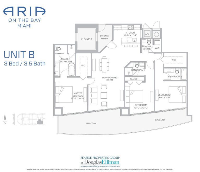 B Floorplan for Aria on the Bay, Luxury Waterfront Condos in Miami, Florida 33132