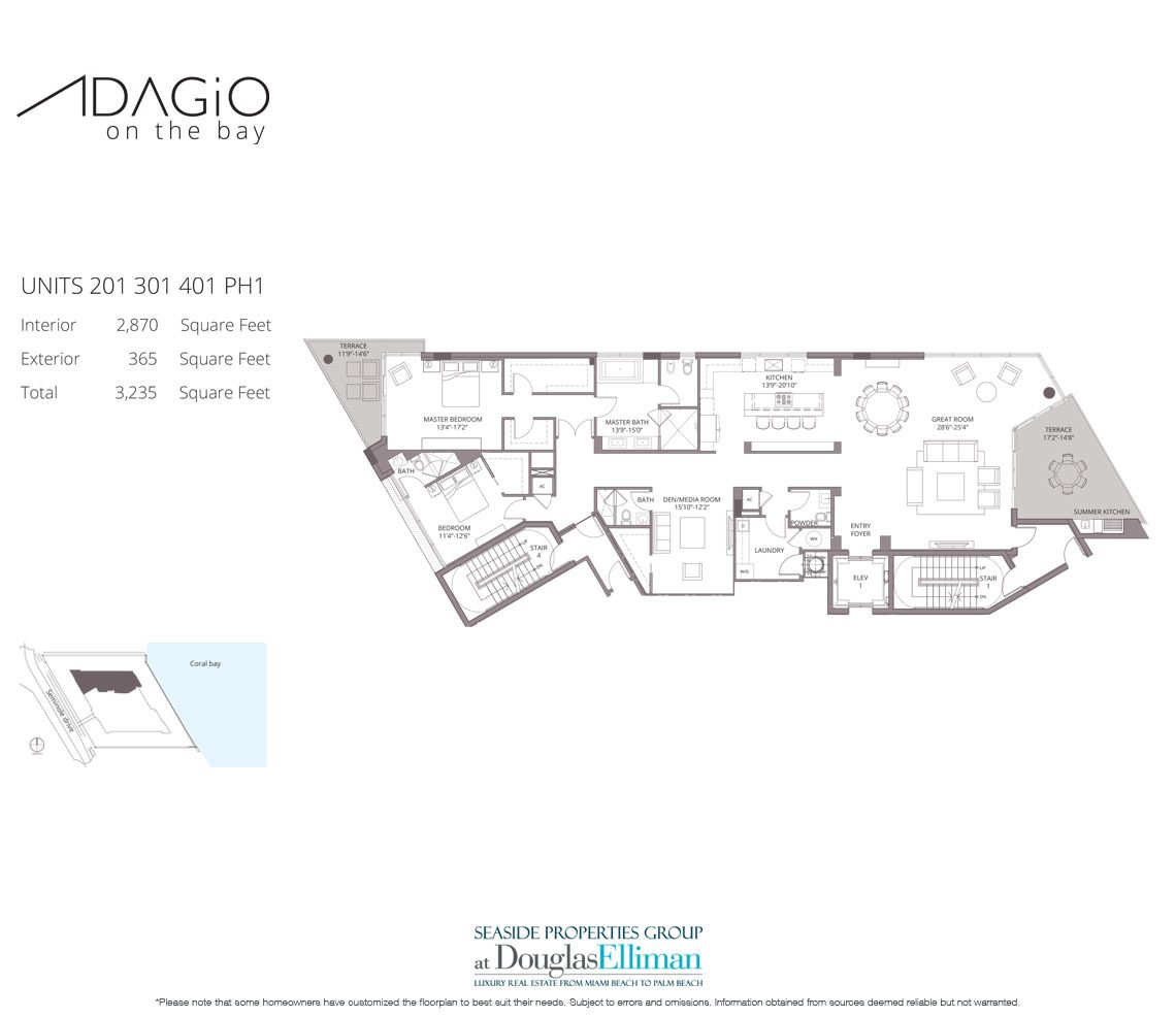 01 Floorplan para Adagio on the Bay, Luxo Waterfront Condos em Fort Lauderdale, Florida 33304
