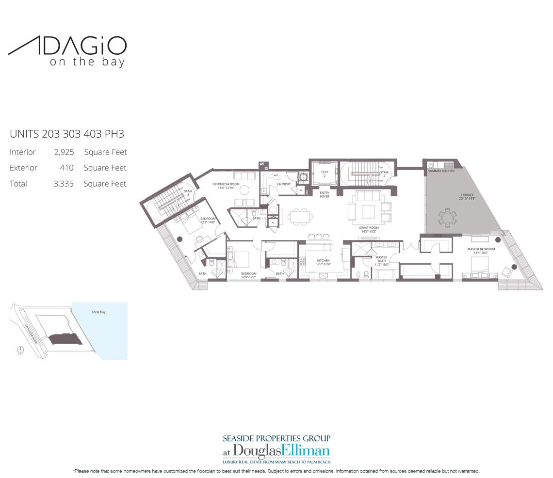03 Floorplan para Adagio on the Bay, Luxo Waterfront Condos em Fort Lauderdale, Florida 33304