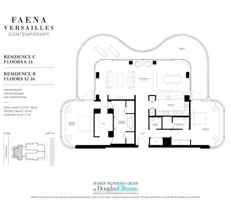 The Residence 6-11 C Floorplan for Faena Versailles Contemporary, Luxury Oceanfront Condos in Miami Beach, Florida 33140