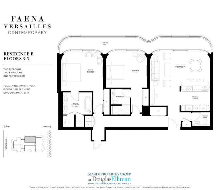 The Residence 3-5 B Floorplan for Faena Versailles Contemporary, Luxury Oceanfront Condos in Miami Beach, Florida 33140