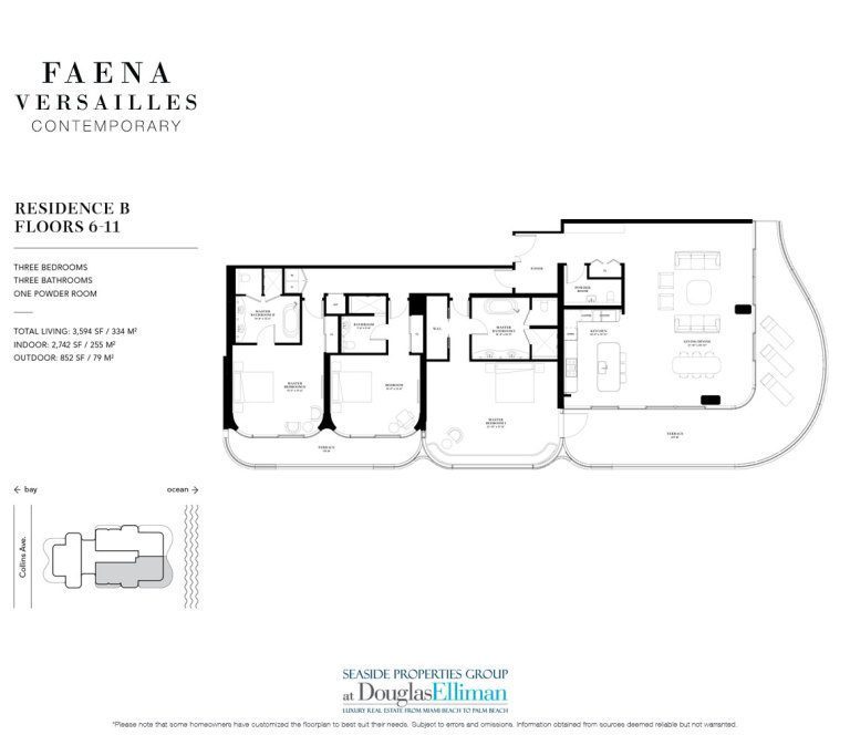 The Residence 6-11 B Floorplan for Faena Versailles Contemporary, Luxury Oceanfront Condos in Miami Beach, Florida 33140