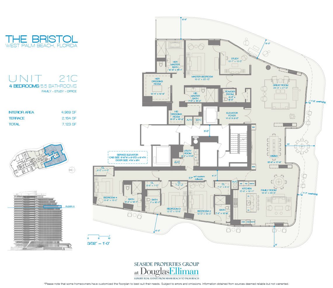 The 21C 4 Beds Floorplan for The Bristol, Luxury Waterfront Condos in West Palm Beach, Florida 33401