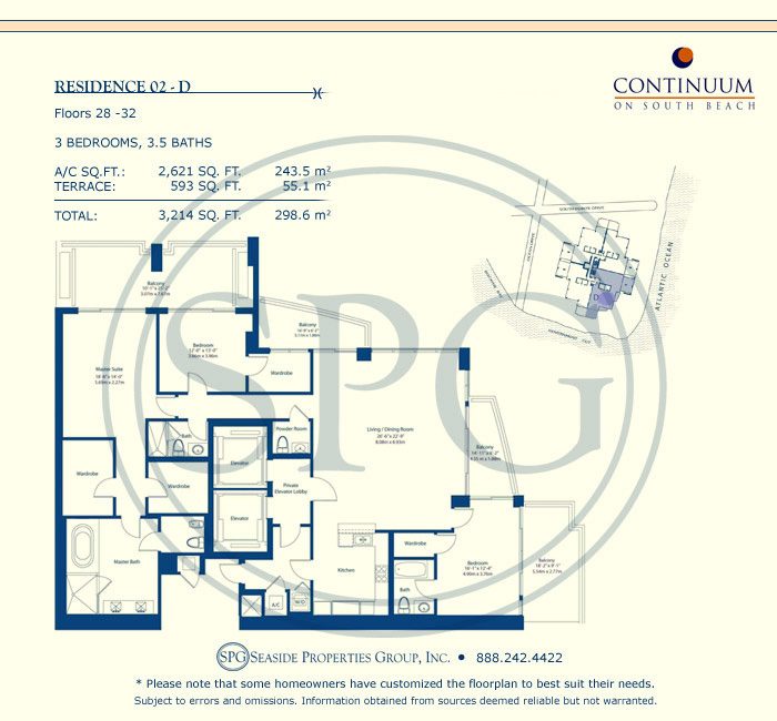 02-D Floorplan for Continuum, Luxury Oceanfront Condos in Miami Beach, Florida 33139