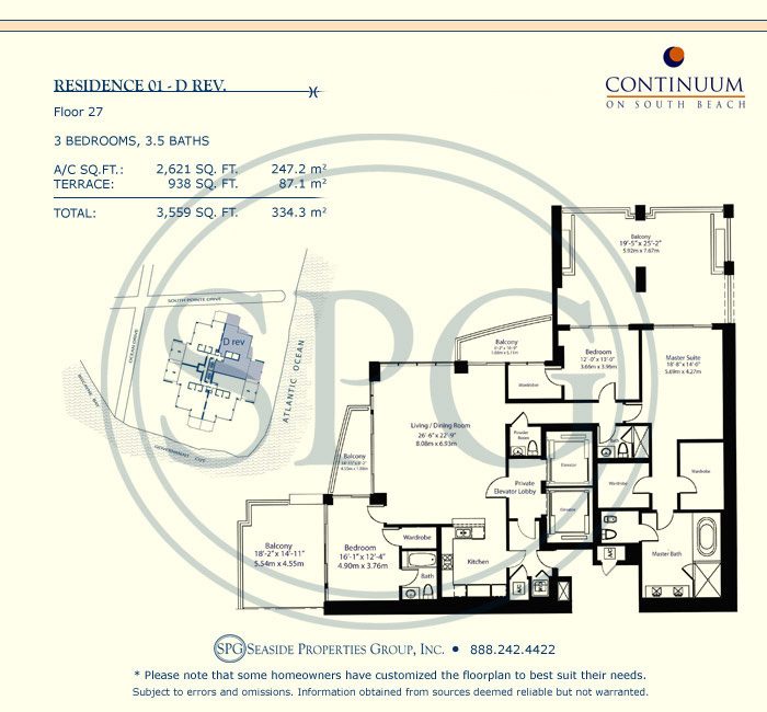 01-D Rev Floorplan for Continuum, Luxury Oceanfront Condos in Miami Beach, Florida 33139