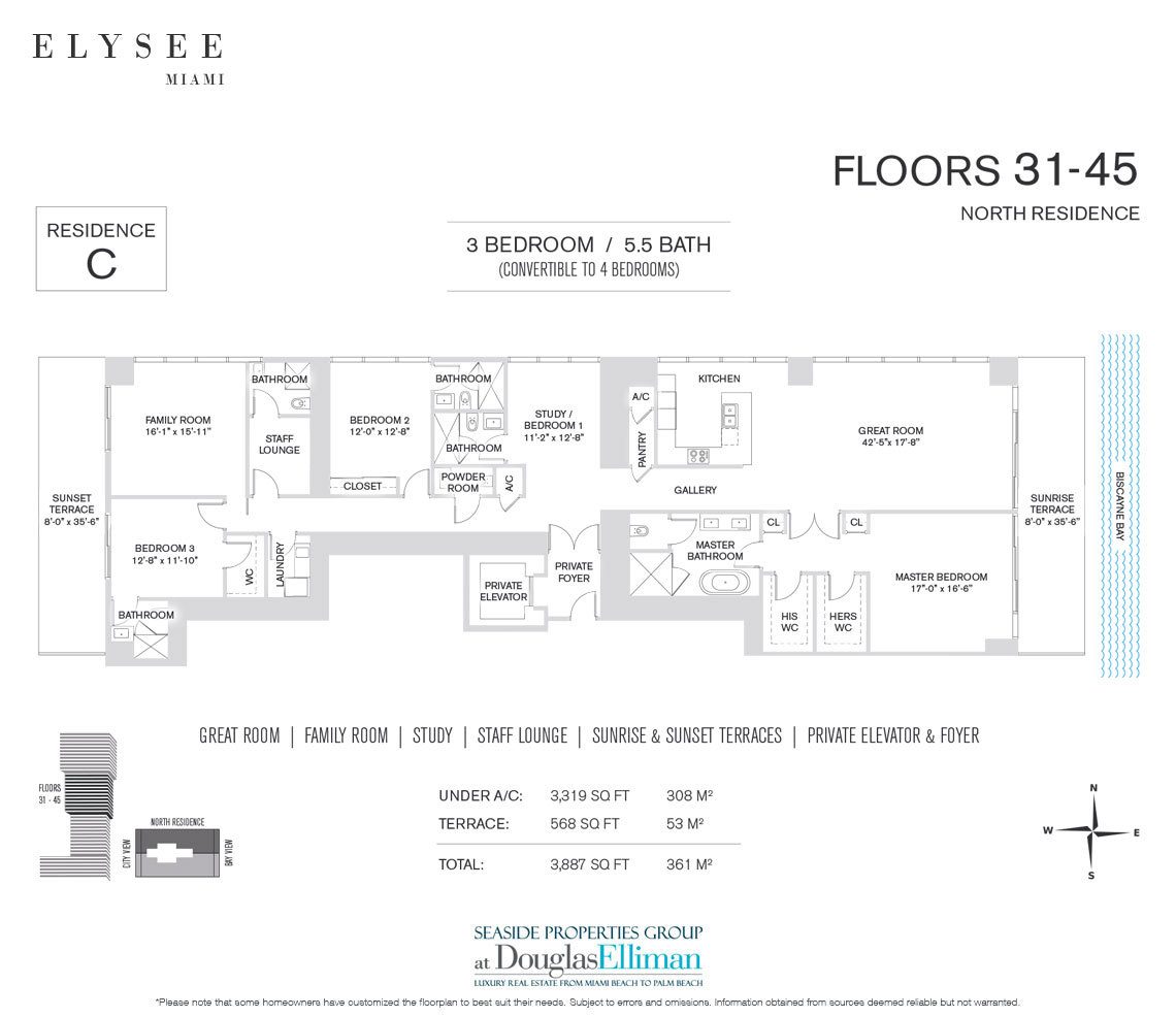 The Residence C Floor Plan at Elysee, Luxury Waterfront Condos in Miami, Florida 33137