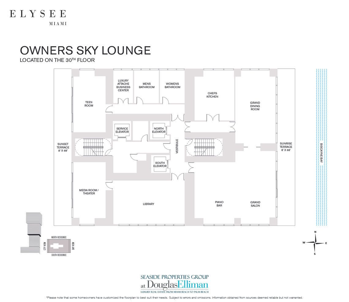 The Owners Sky Lounge Floor Plan at Elysee, Luxury Waterfront Condos in Miami, Florida 33137