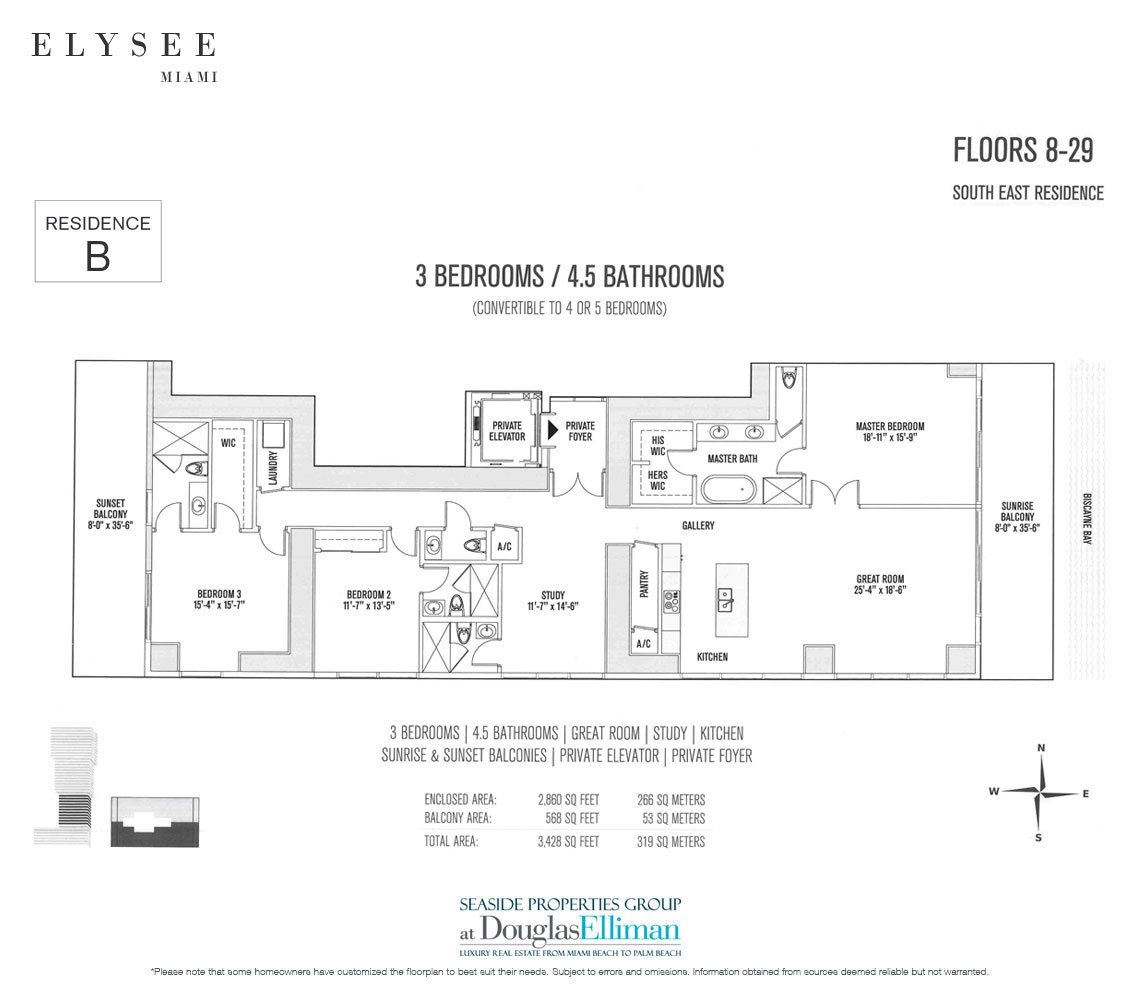 The Residence B Floor Plan at Elysee, Luxury Waterfront Condos in Miami, Florida 33137