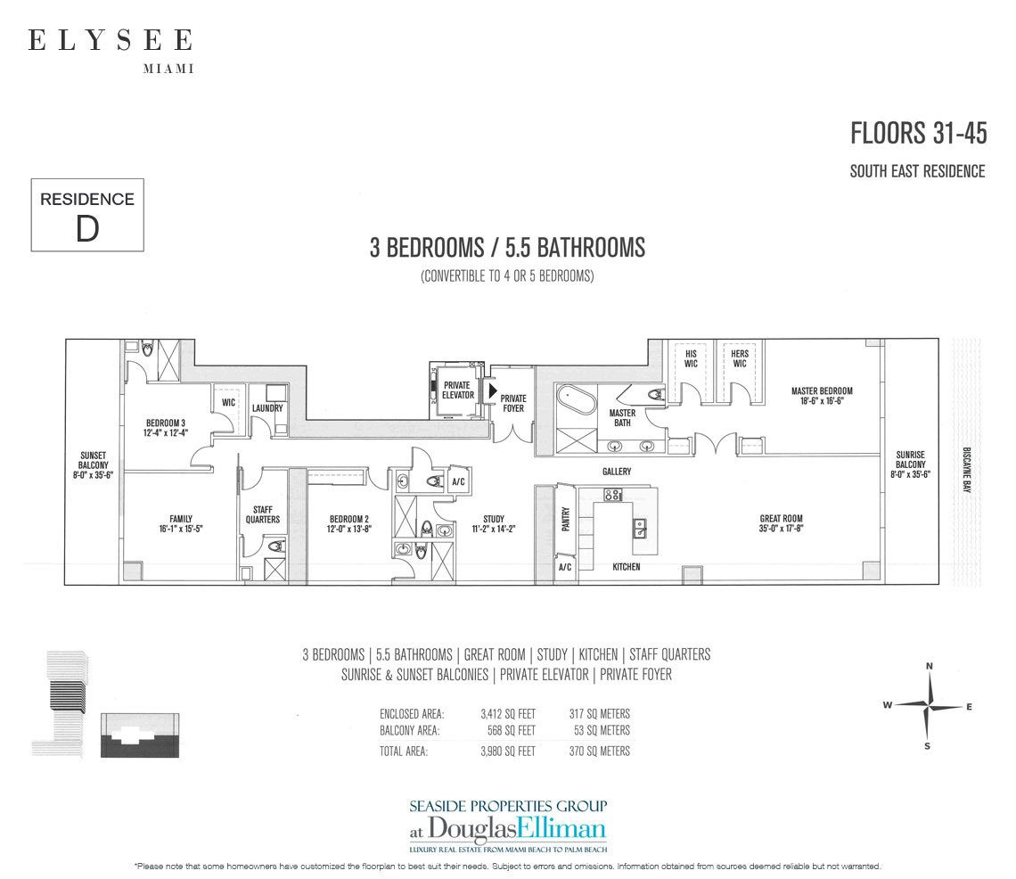 The Residence D Floor Plan at Elysee, Luxury Waterfront Condos in Miami, Florida 33137