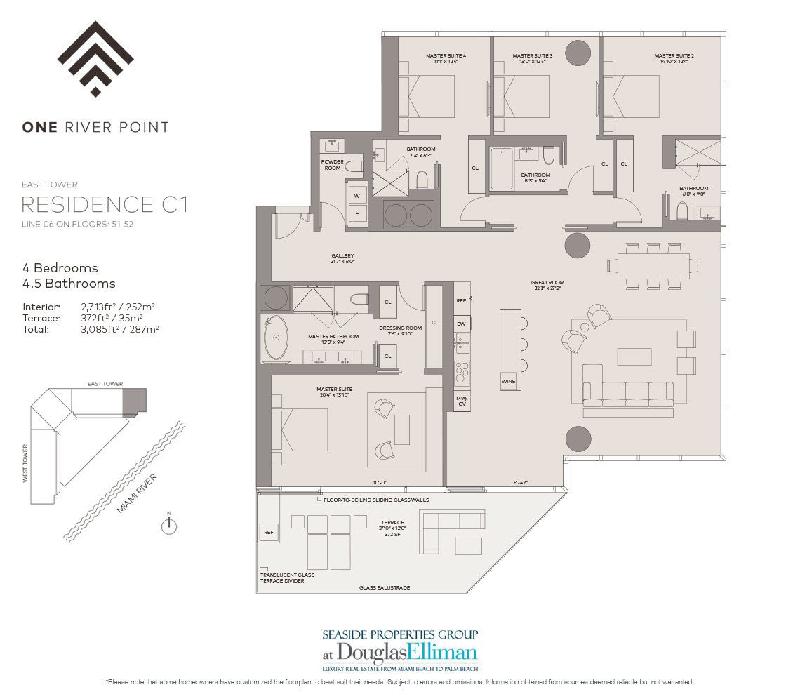 The Residence C1 East Floorplan at One River Point, Luxury Waterfront Condos in Miami, Florida 33130