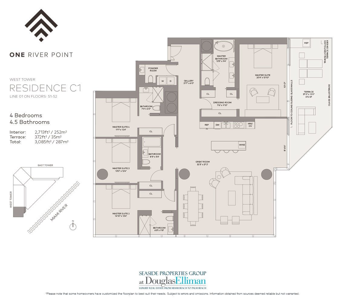The Residence C1 West Floorplan at One River Point, Luxury Waterfront Condos in Miami, Florida 33130
